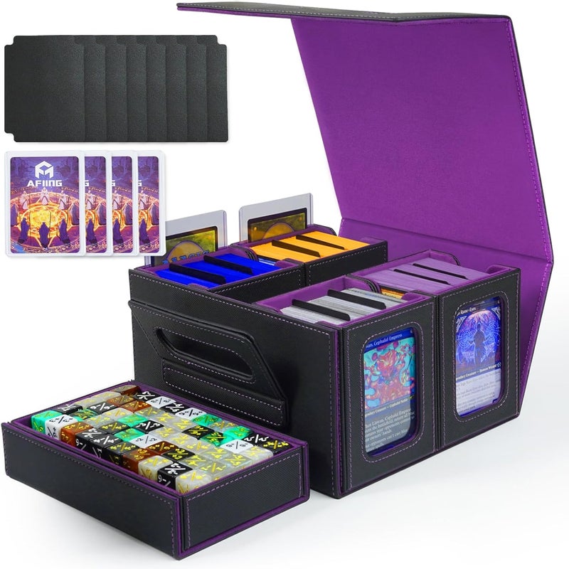 AFIING Commander Deck Box for MTG, Holds 400+ Double-Sleeved Cards, 4 Removable Deck Cases with Display Window, Dice Tray/Handle,Trading Card Storage Organizer/Dividers for TCG (Black Purple) - Image 1